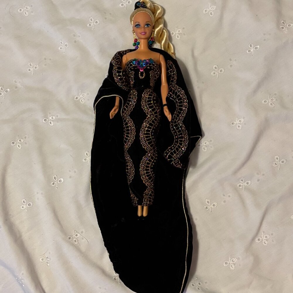 Stunning Barbie Doll Bob Mackie?  Exquisite Velvet Sequined Gold Evening Dress